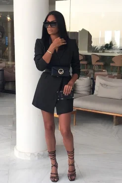 Rebellious Fashion Black Wrap Over Belted Blazer - Holden