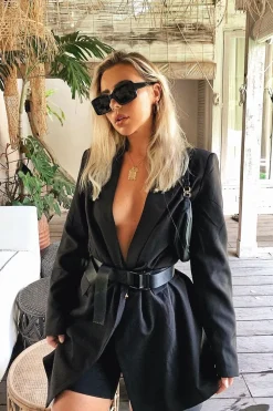 Rebellious Fashion Black Wrap Over Belted Blazer - Holden
