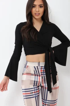 Rebellious Fashion Black Wrap Over Tie Front Crop Top - Ella