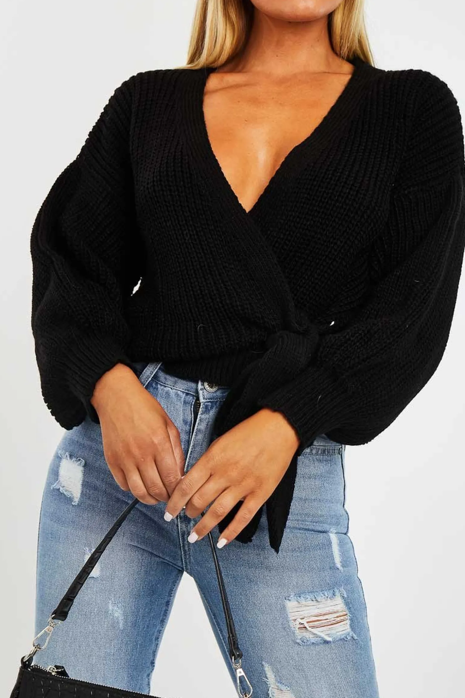 Rebellious Fashion Black Wrap Tie Details Cardigan - Lucy
