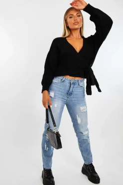 Rebellious Fashion Black Wrap Tie Details Cardigan - Lucy