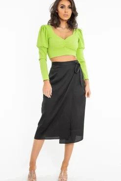 Rebellious Fashion Black Wrap Tie Side Satin Midi Skirt - Mailah