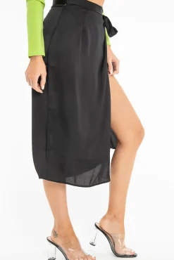 Rebellious Fashion Black Wrap Tie Side Satin Midi Skirt - Mailah