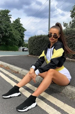 Rebellious Fashion Black Yellow Colour Block Hooded Jacket Shorts Tracksuit Co-ord - Jettie