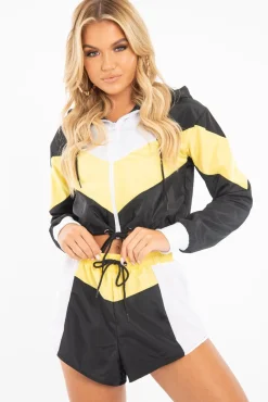 Rebellious Fashion Black Yellow Colour Block Hooded Jacket Shorts Tracksuit Co-ord - Jettie