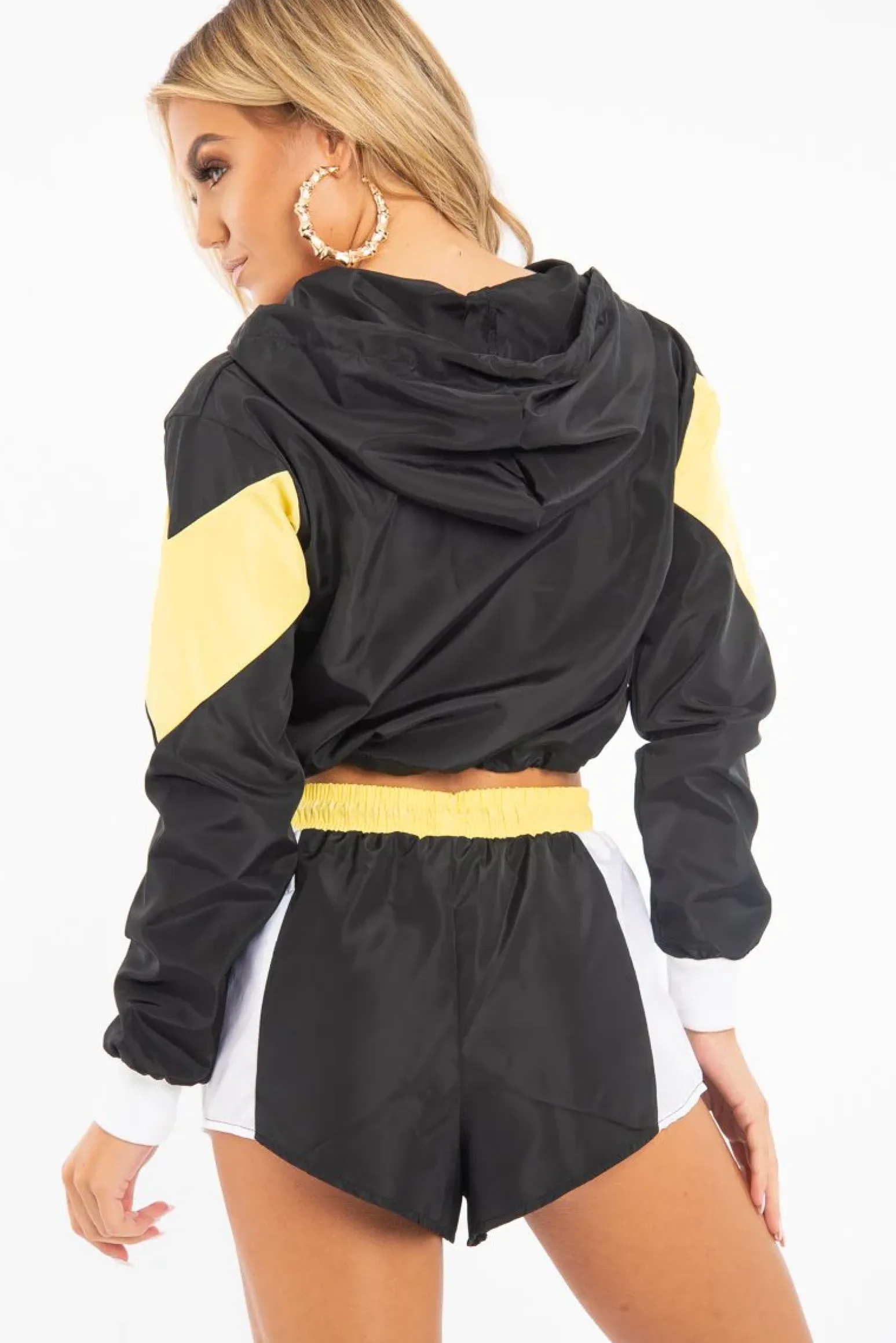 Rebellious Fashion Black Yellow Colour Block Hooded Jacket Shorts Tracksuit Co-ord - Jettie