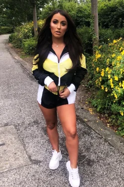Rebellious Fashion Black Yellow Colour Block Hooded Jacket Shorts Tracksuit Co-ord - Jettie