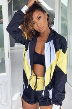 Rebellious Fashion Black Yellow Colour Block Hooded Jacket Shorts Tracksuit Co-ord - Jettie