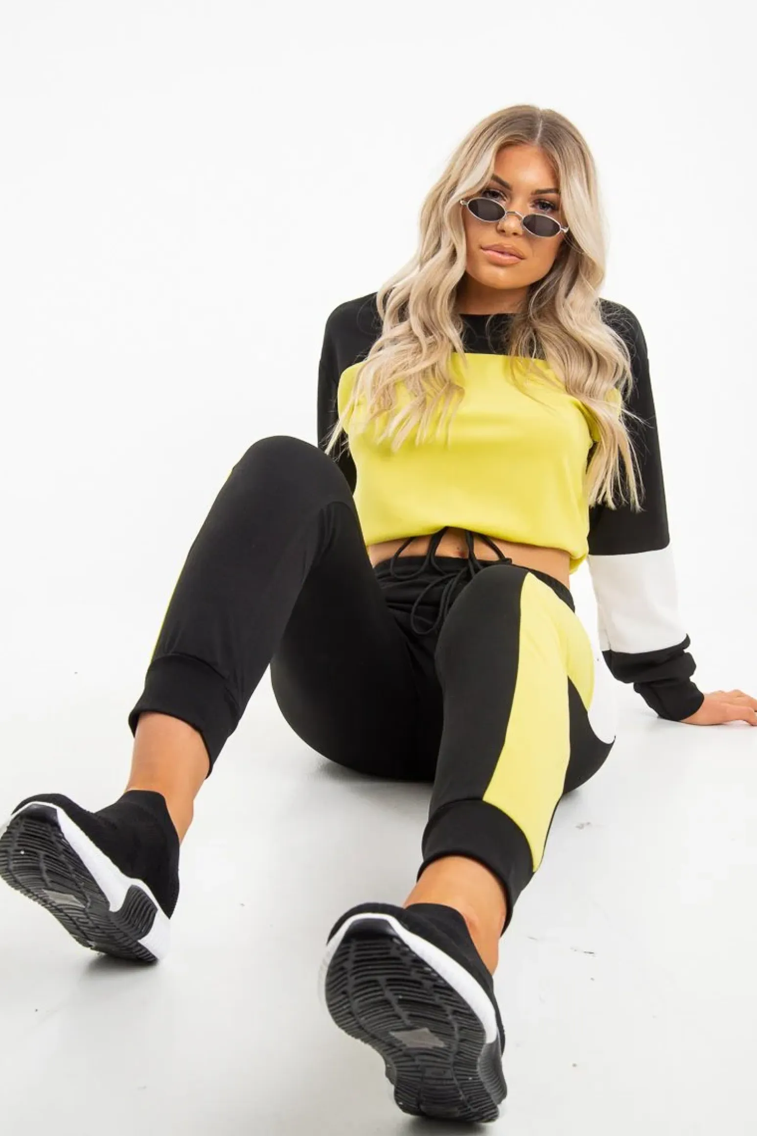 Rebellious Fashion Black Yellow Colour Block Sweatshirt Tracksuit - Kazia