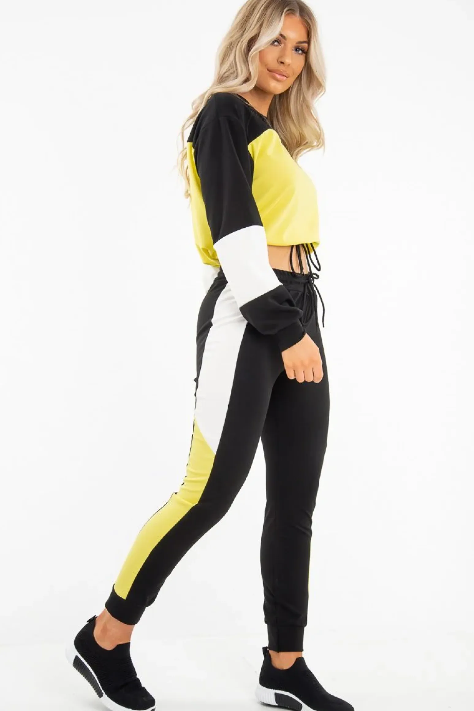 Rebellious Fashion Black Yellow Colour Block Sweatshirt Tracksuit - Kazia