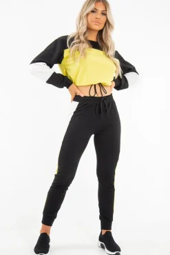 Rebellious Fashion Black Yellow Colour Block Sweatshirt Tracksuit - Kazia