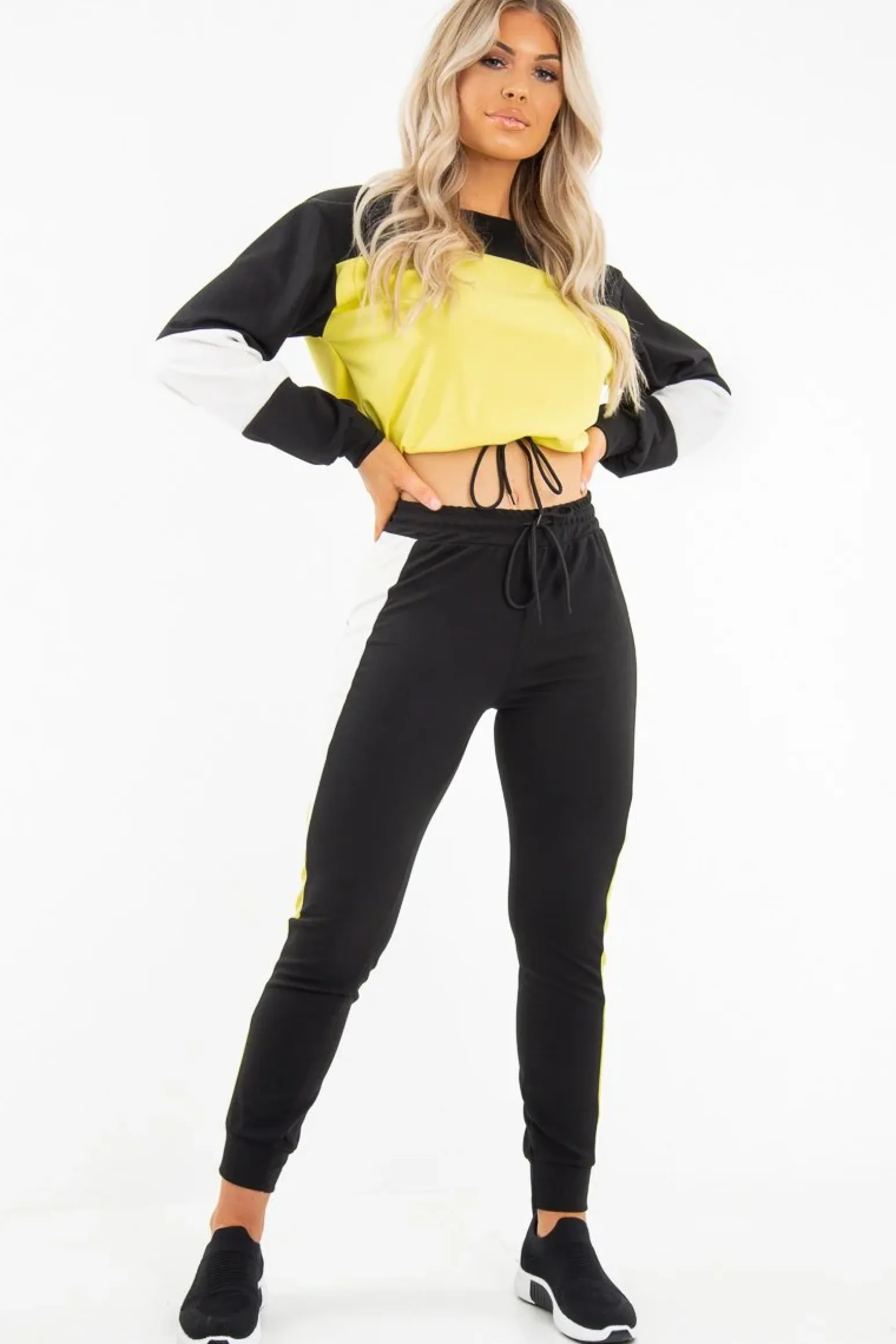 Rebellious Fashion Black Yellow Colour Block Sweatshirt Tracksuit - Kazia
