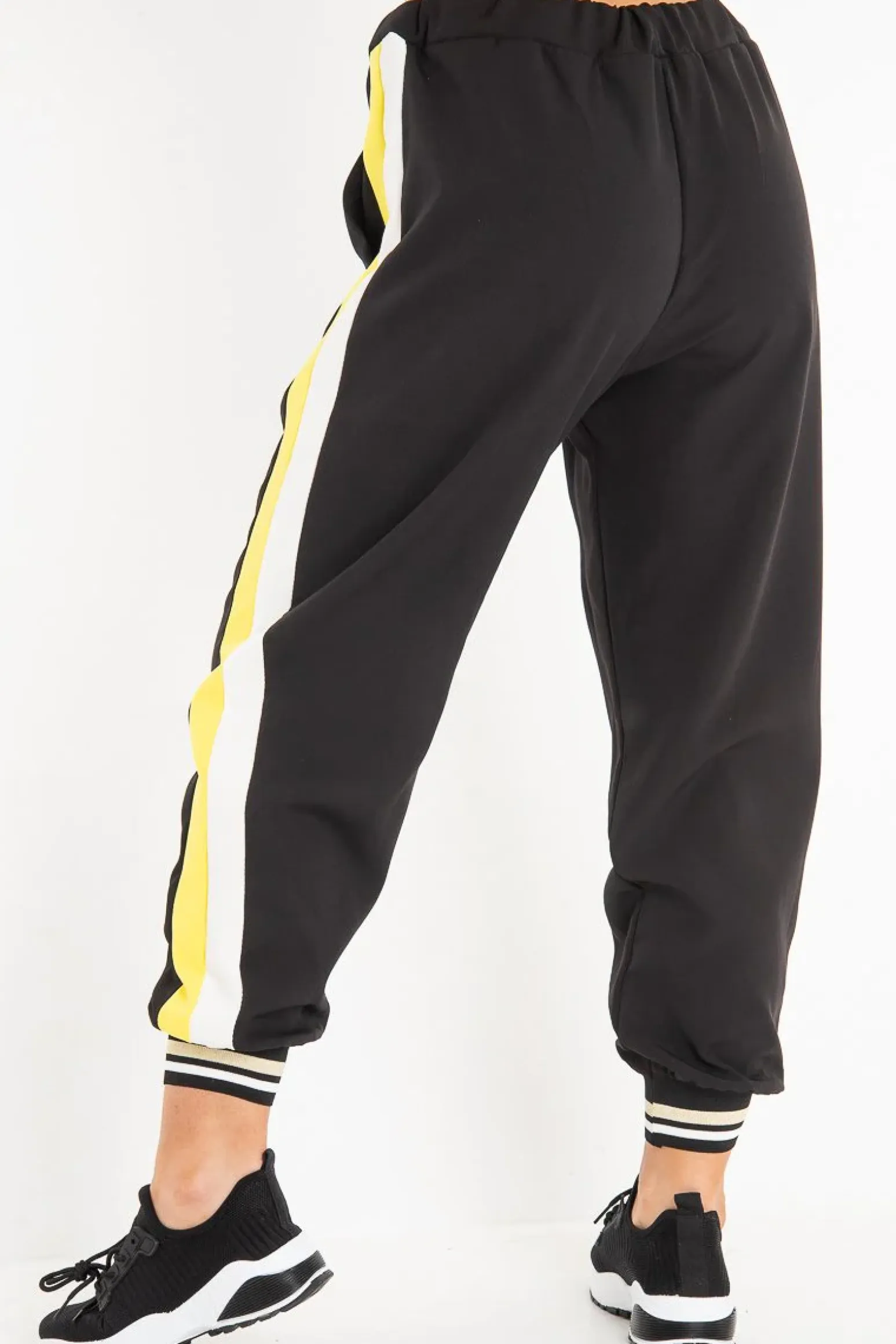 Rebellious Fashion Black Yellow Cuffed Hem Tie Waist Joggers - Kaci