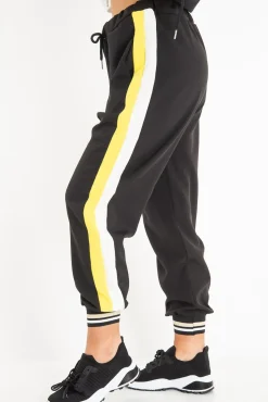 Rebellious Fashion Black Yellow Cuffed Hem Tie Waist Joggers - Kaci