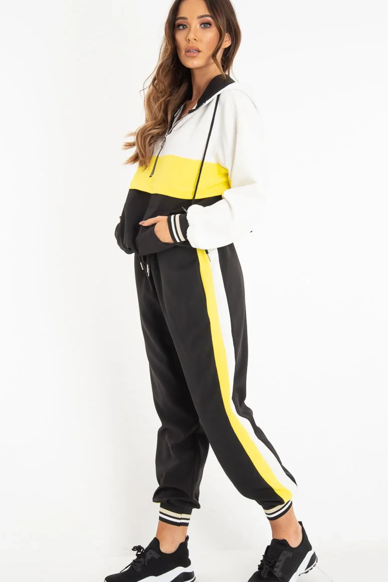 Rebellious Fashion Black Yellow Cuffed Hem Tie Waist Joggers - Kaci