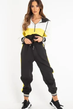 Rebellious Fashion Black Yellow Zip Front Drawstring Hoodie and Jogger Set - Evon