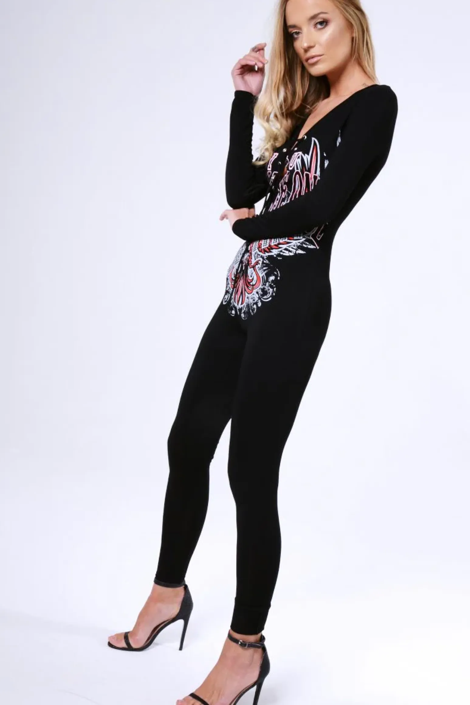 Rebellious Fashion Black 'You Only Live Once' Slogan Lace Up Jumpsuit - Leandra
