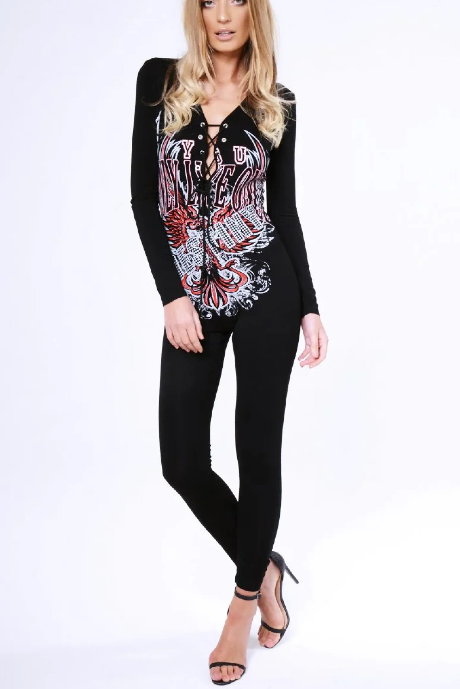 Rebellious Fashion Black 'You Only Live Once' Slogan Lace Up Jumpsuit - Leandra