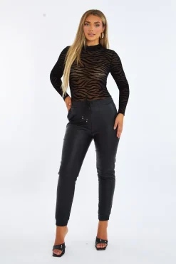 Rebellious Fashion Black Zebra Flock Print High Neck Bodysuit - Hakka