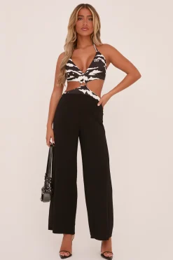 Rebellious Fashion Black Zebra Print Metal Trim Halter Neck jumpsuit - Melanie