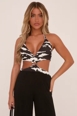 Rebellious Fashion Black Zebra Print Metal Trim Halter Neck jumpsuit - Melanie