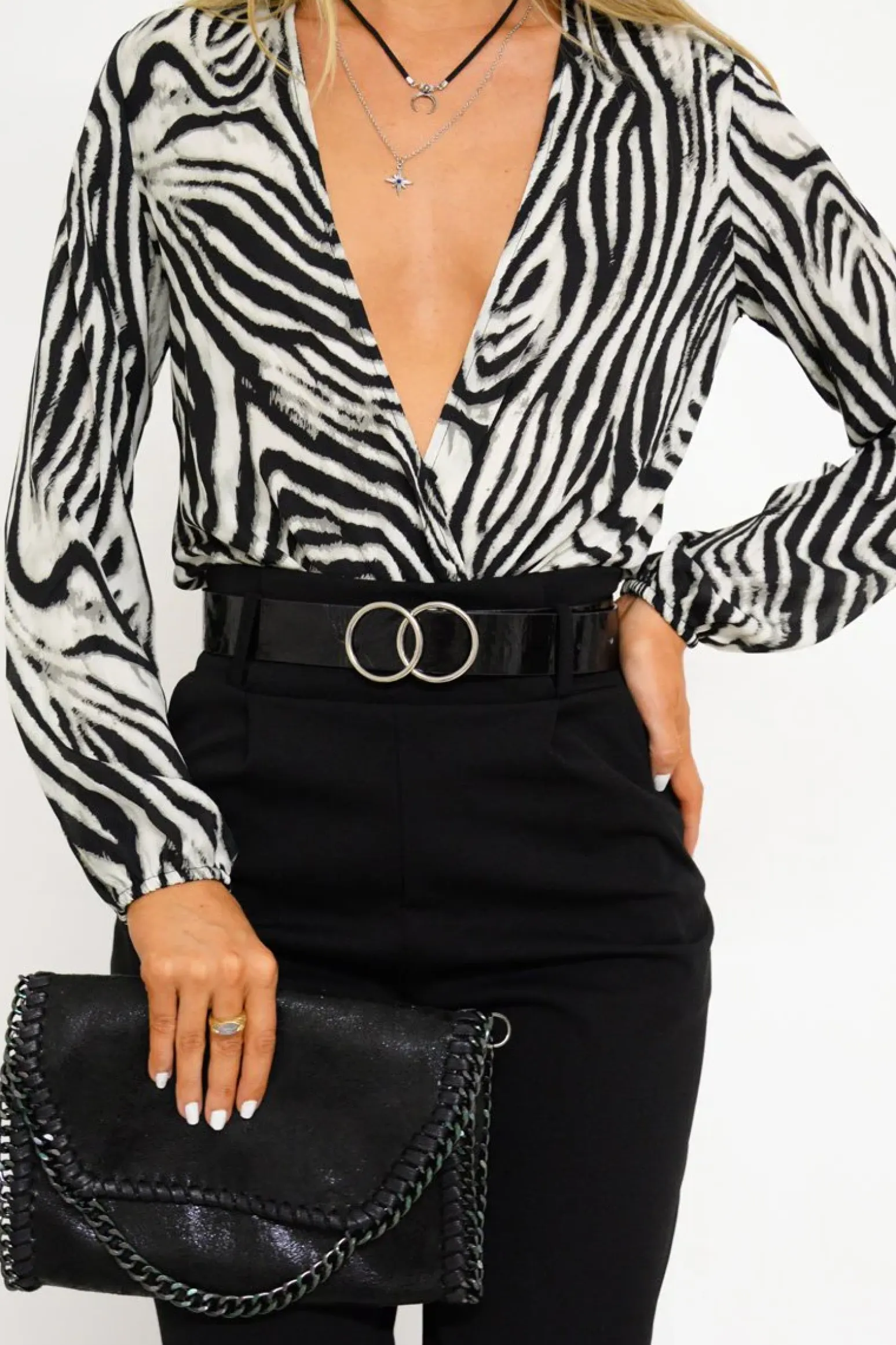 Rebellious Fashion Black Zebra Print Plunge Long Sleeved Bodysuit - Macee