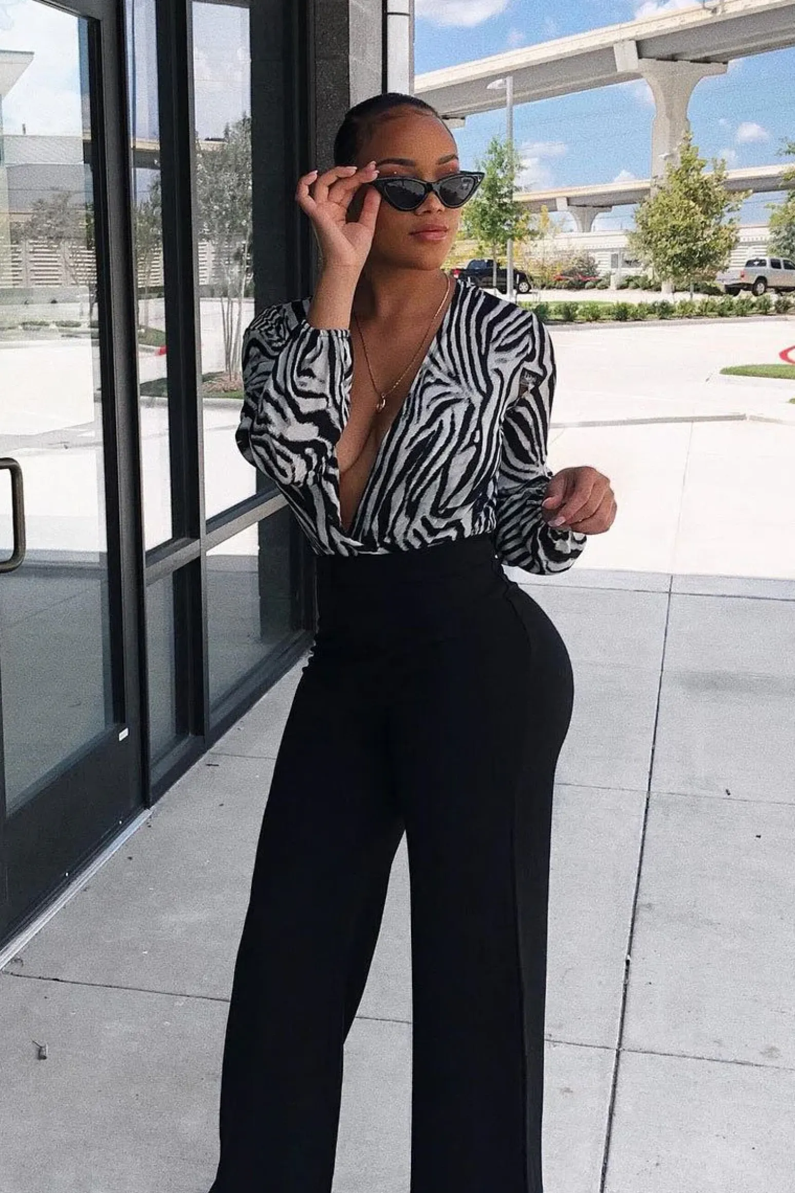 Rebellious Fashion Black Zebra Print Plunge Long Sleeved Bodysuit - Macee
