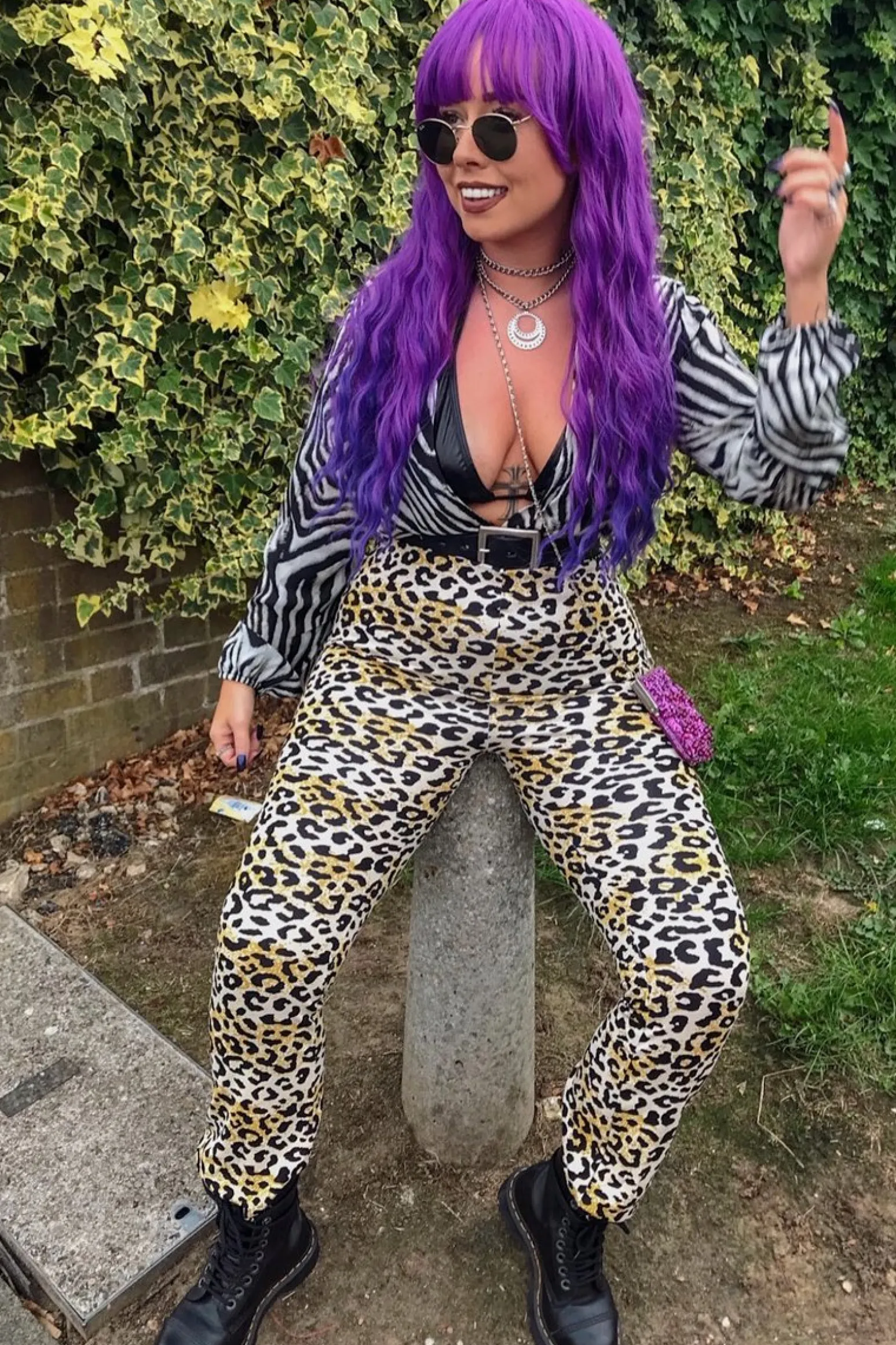 Rebellious Fashion Black Zebra Print Plunge Long Sleeved Bodysuit - Macee