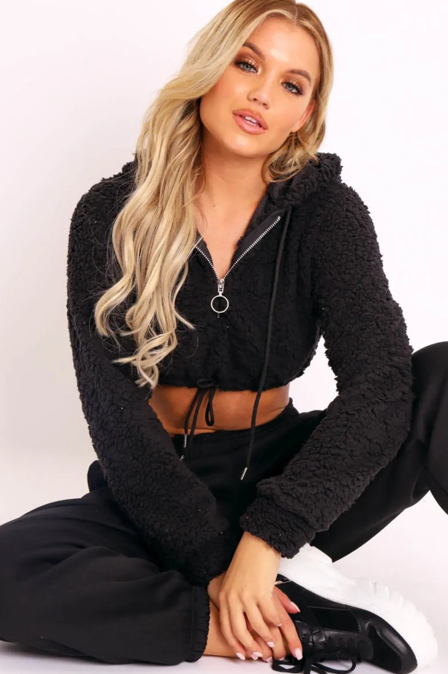 Rebellious Fashion Black 3/4 Zip Cropped Teddy Jumper - Ethelyn