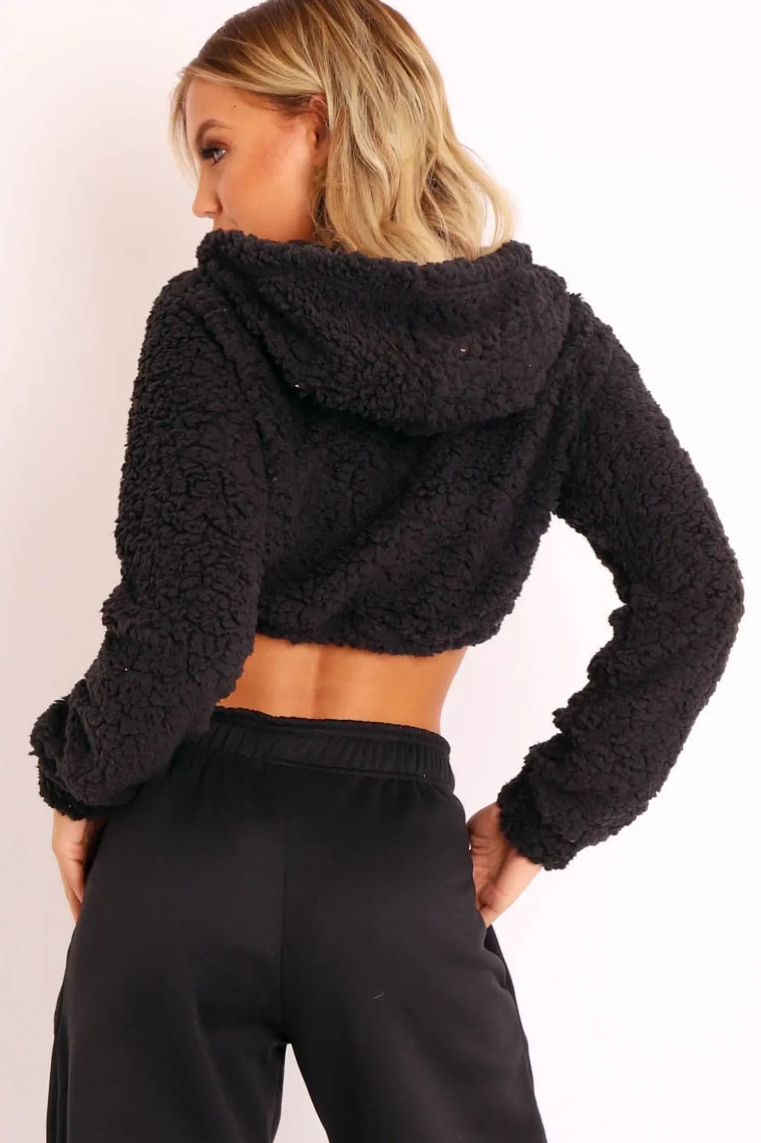 Rebellious Fashion Black 3/4 Zip Cropped Teddy Jumper - Ethelyn