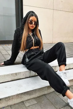 Rebellious Fashion Black 3/4 Zip Cropped Teddy Jumper - Ethelyn