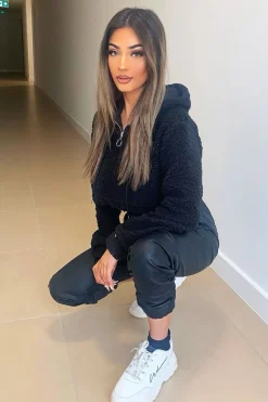 Rebellious Fashion Black 3/4 Zip Cropped Teddy Jumper - Ethelyn