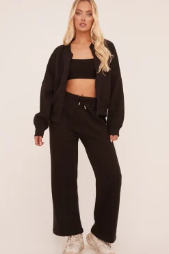 Rebellious Fashion Black Zip Front Bomber And Joggers Co-ord Set - Sasha