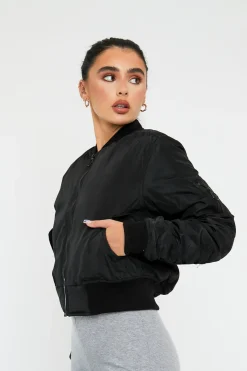 Rebellious Fashion Black Zip Front Bomber Jacket - Jiya