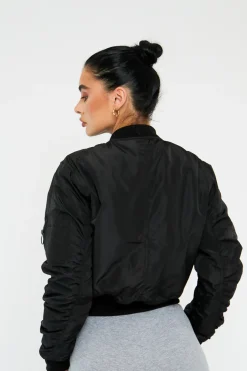 Rebellious Fashion Black Zip Front Bomber Jacket - Jiya