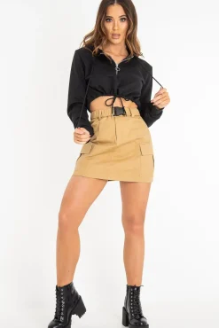 Rebellious Fashion Black Zip Front Drawstring Waist Hoodie Crop Top - Rudi