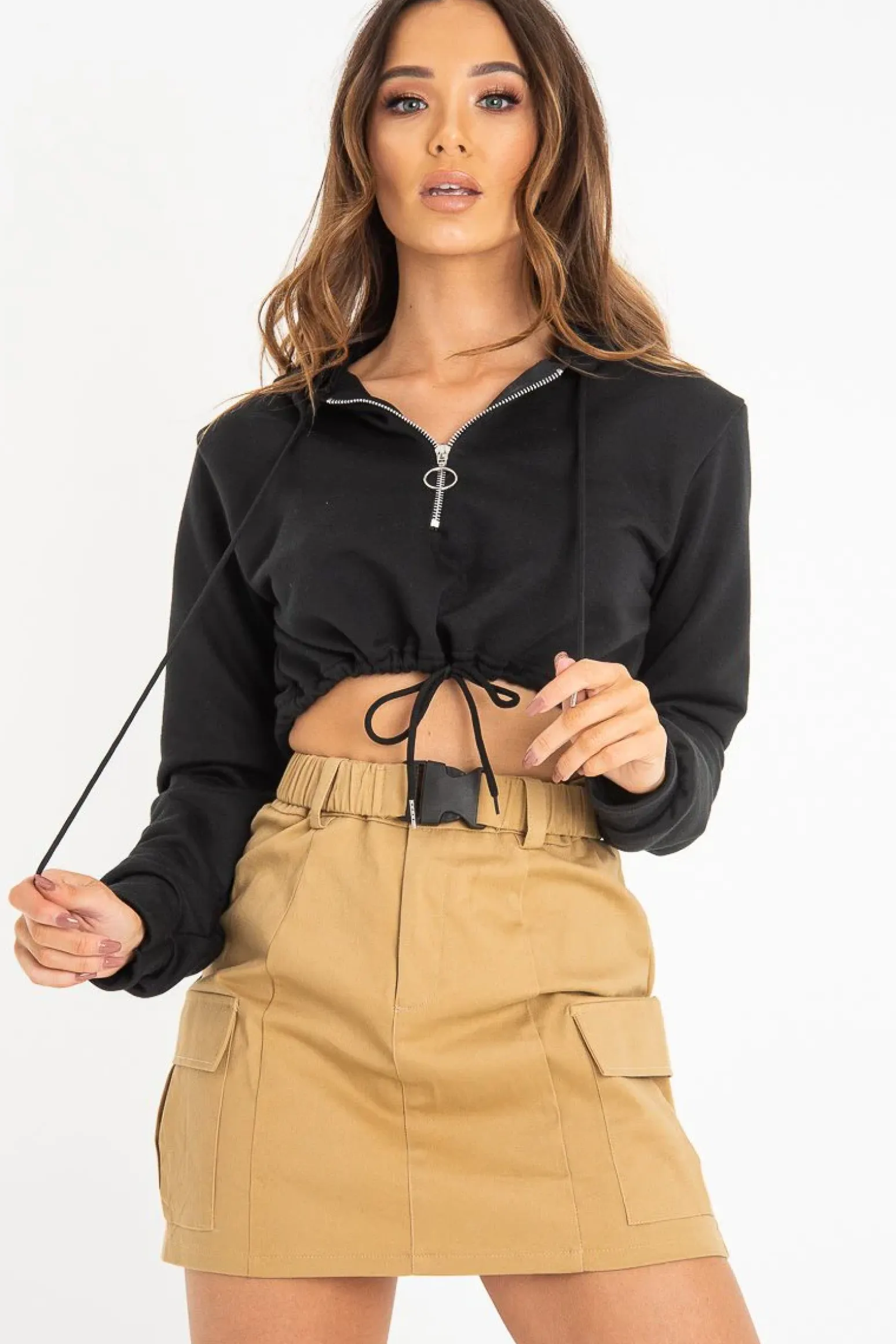 Rebellious Fashion Black Zip Front Drawstring Waist Hoodie Crop Top - Rudi