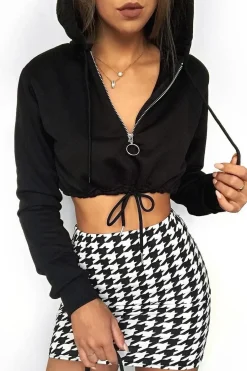 Rebellious Fashion Black Zip Front Drawstring Waist Hoodie Crop Top - Rudi