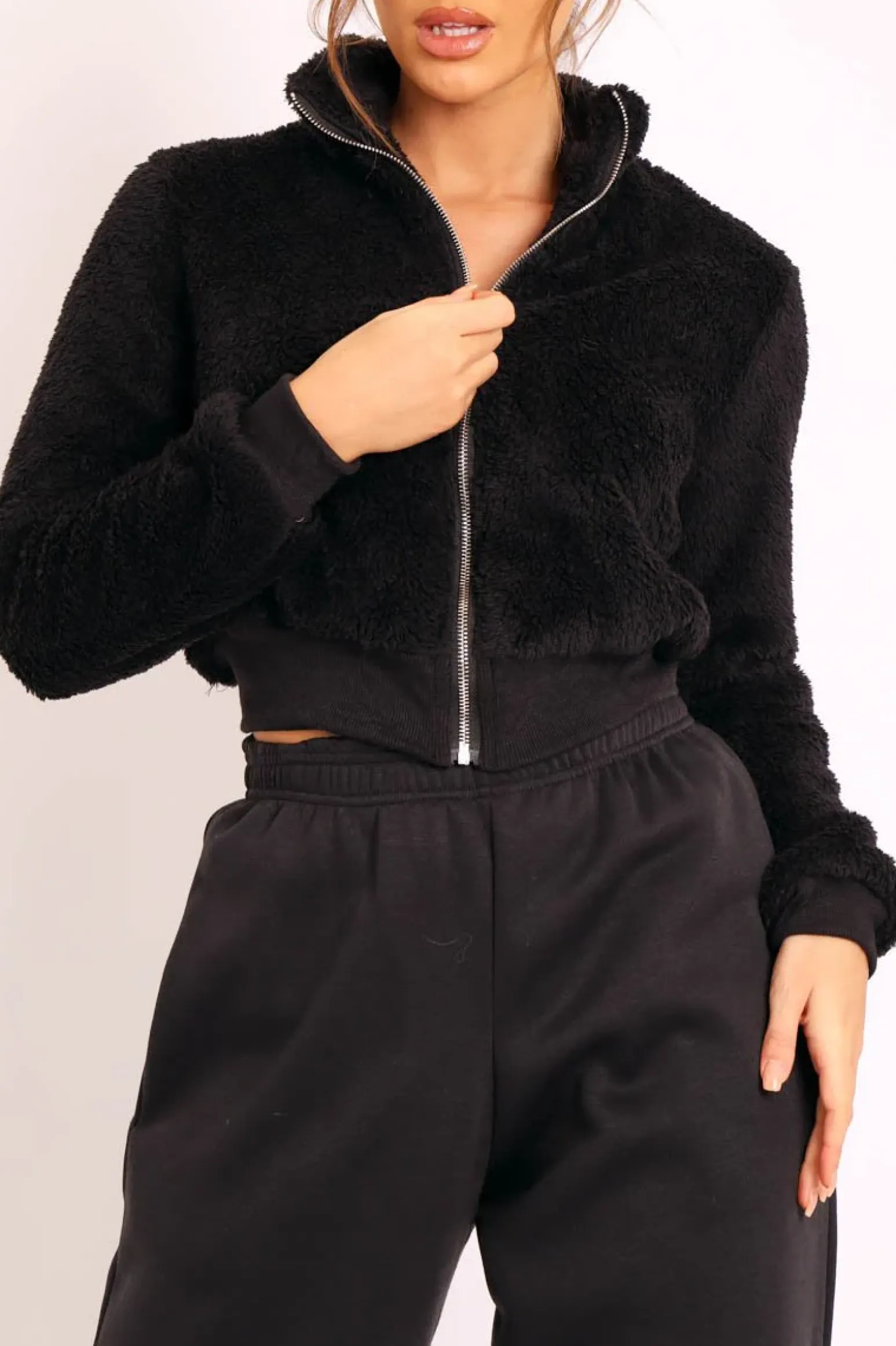 Rebellious Fashion Black Zip Front Faux Fur Crop Jacket - Perri