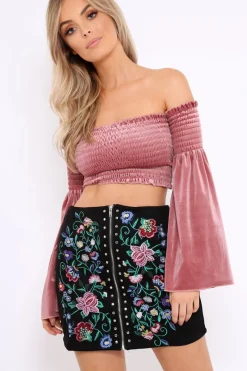 Rebellious Fashion Black Zip Front Floral Embroidered Skirt - Charline