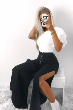 Rebellious Fashion Black Zip Front High Waisted Flare Trousers - Gerta