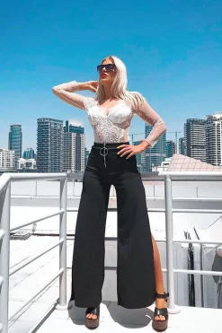 Rebellious Fashion Black Zip Front High Waisted Flare Trousers - Gerta