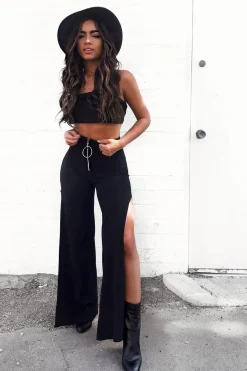 Rebellious Fashion Black Zip Front High Waisted Flare Trousers - Gerta
