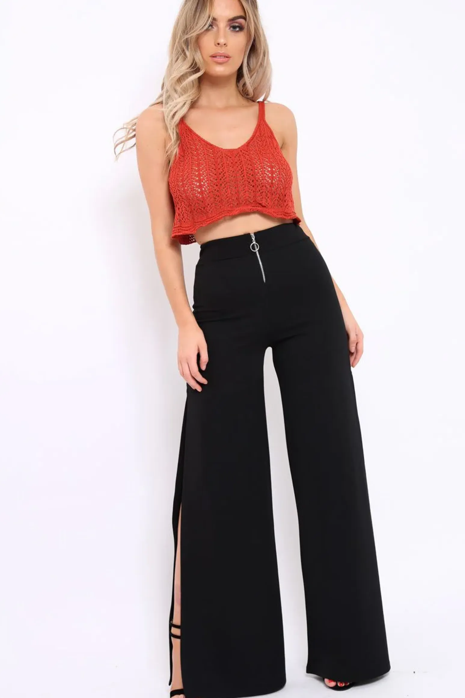 Rebellious Fashion Black Zip Front High Waisted Flare Trousers - Gerta