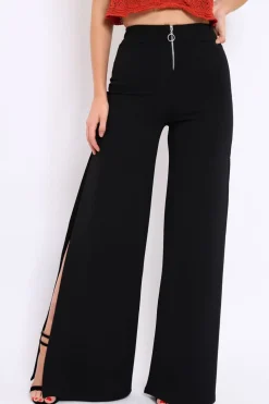 Rebellious Fashion Black Zip Front High Waisted Flare Trousers - Gerta