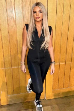Rebellious Fashion Black Zip Front Short Sleeve Jumpsuit - Joanna