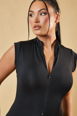 Rebellious Fashion Black Zip Front Short Sleeve Jumpsuit - Joanna