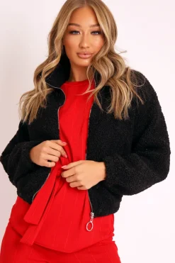 Rebellious Fashion Black Zip Front Teddy Jacket - Elena