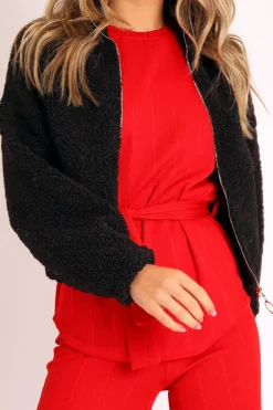 Rebellious Fashion Black Zip Front Teddy Jacket - Elena