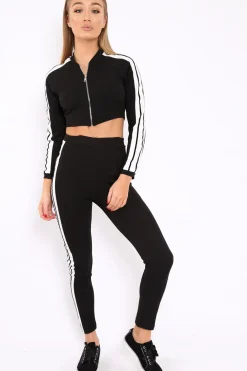 Rebellious Fashion Black Zip Front Tracksuit with White Side Stripes - Kitty